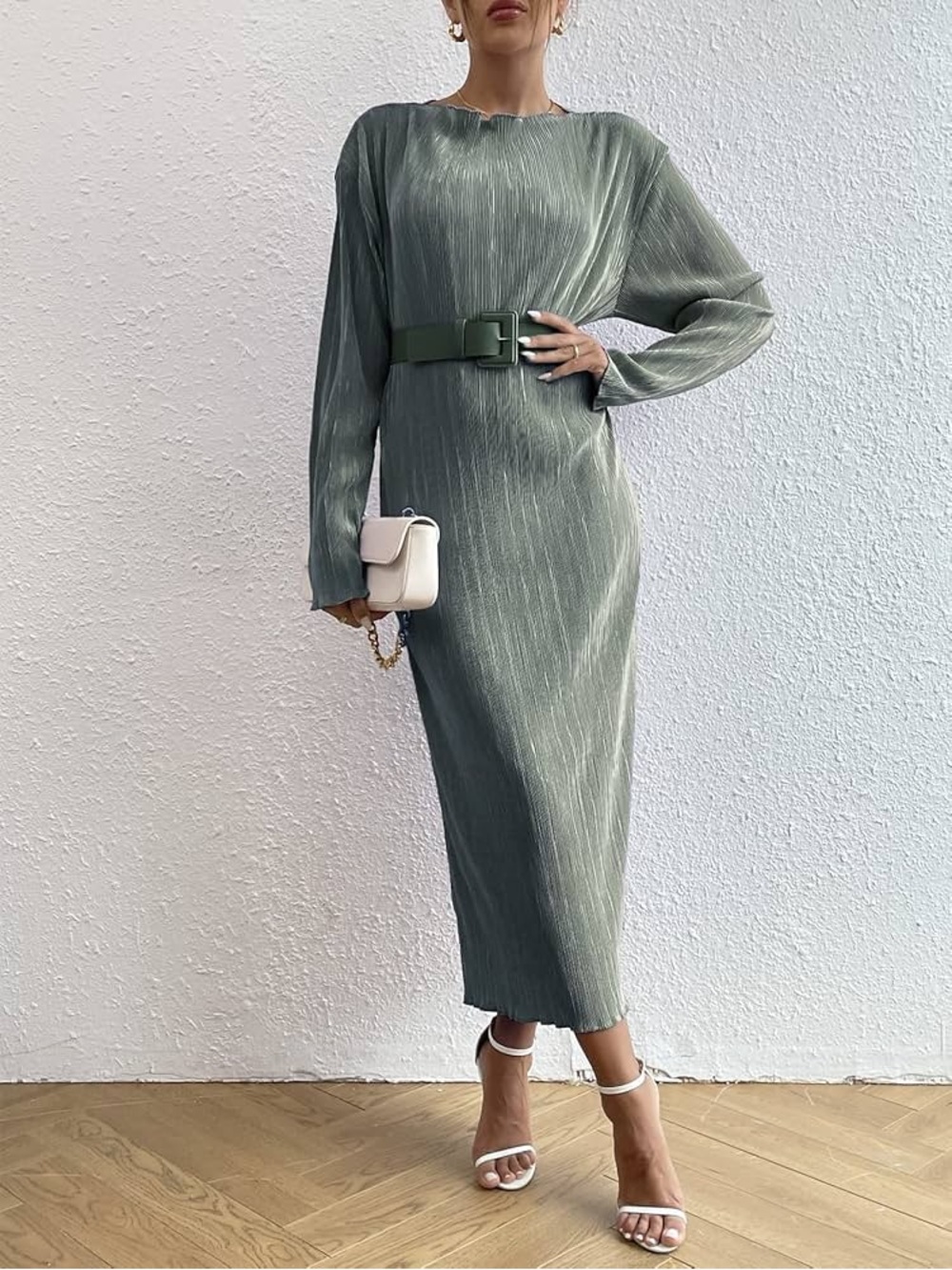 Amazon Olive Green Pleated Maxi Dress with Belt